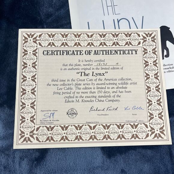 1989 "The Lynx" by Lee Cable Plate 3rd Issue Bradford Exchange Certificate & Box - Picture 5 of 13